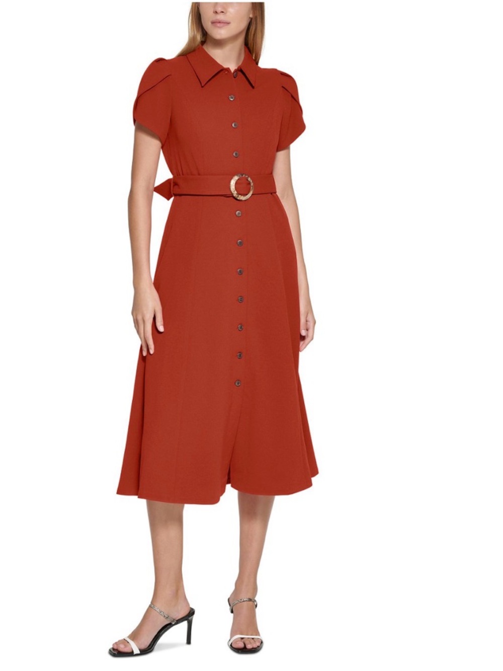 Red belted tulip sleeve flare dress 10